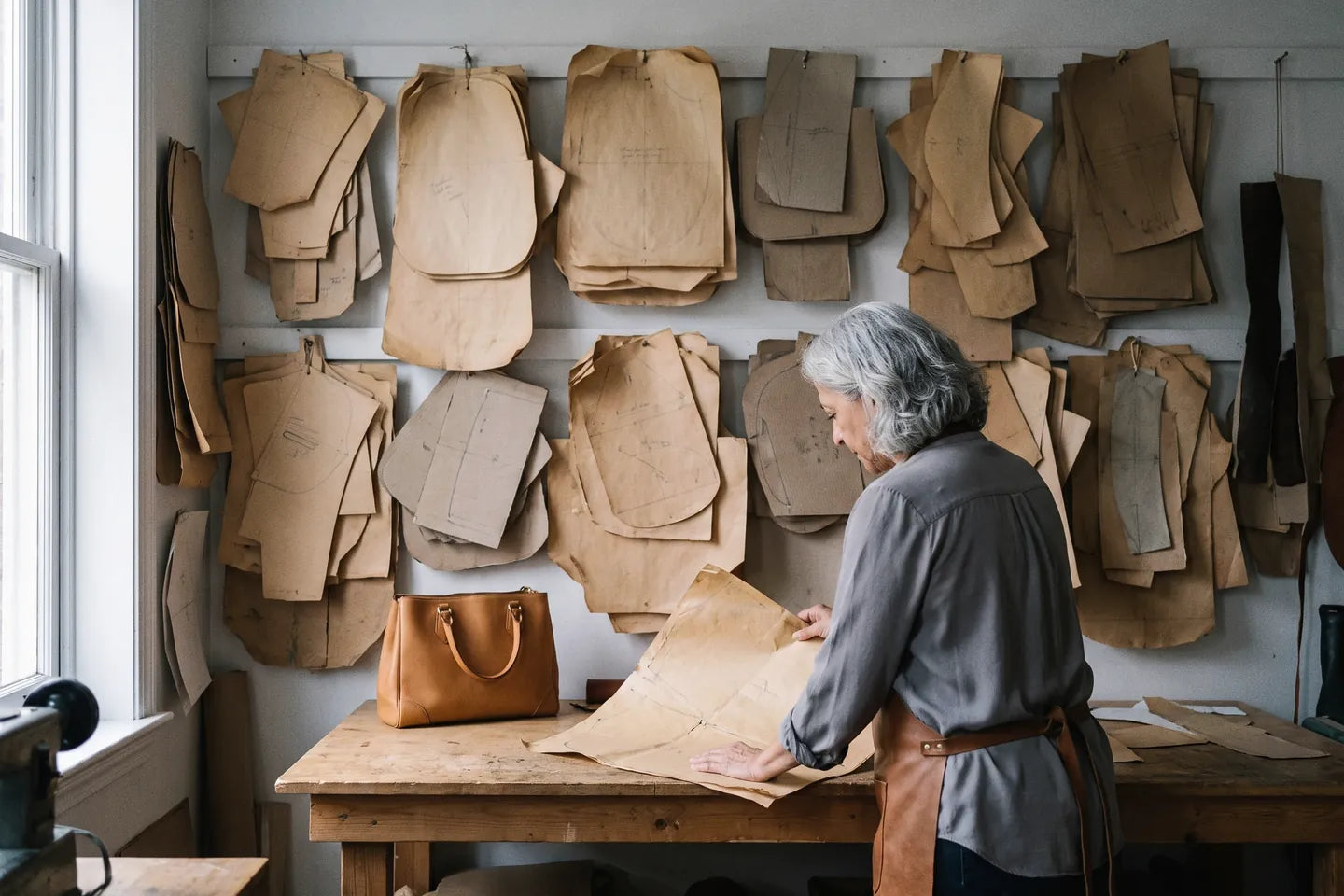 Rose in her New York workshop, the back wall hung with finished bags and full-grain hides.