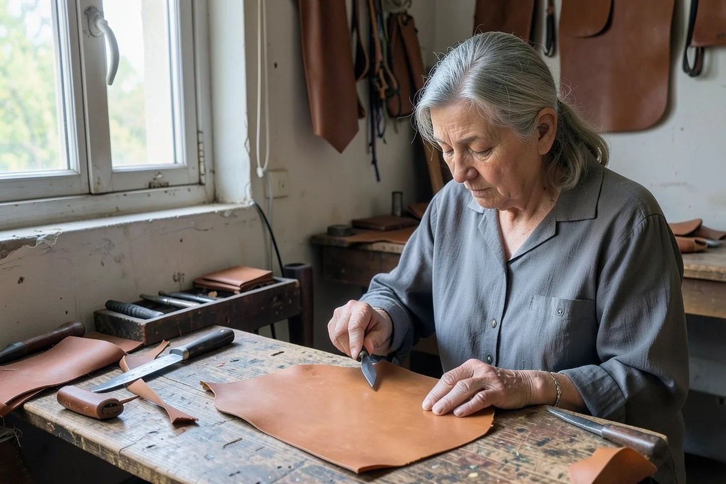 Rose at her bench in daylight, a hide flat in front of her, a round knife in her hand, mid-cut.