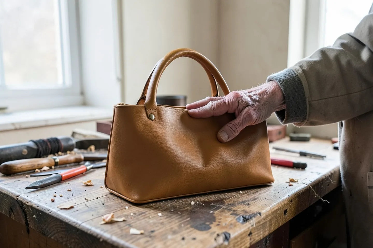Rose&rsquo;s hand resting flat on a finished bag on the workbench.