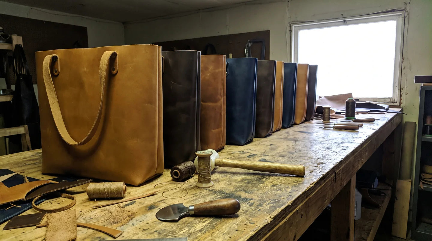 Twenty-two finished leather bags standing shoulder to shoulder along Rose&rsquo;s scarred workbench, tools and offcuts around them.