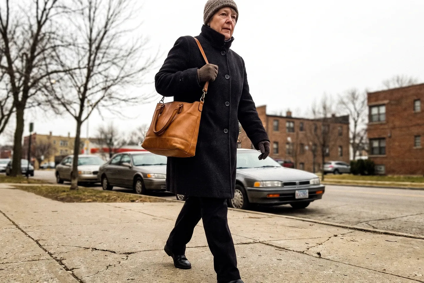 A woman walking on an ordinary sidewalk, the bag on her shoulder over a winter coat, the strap clearing it easily.